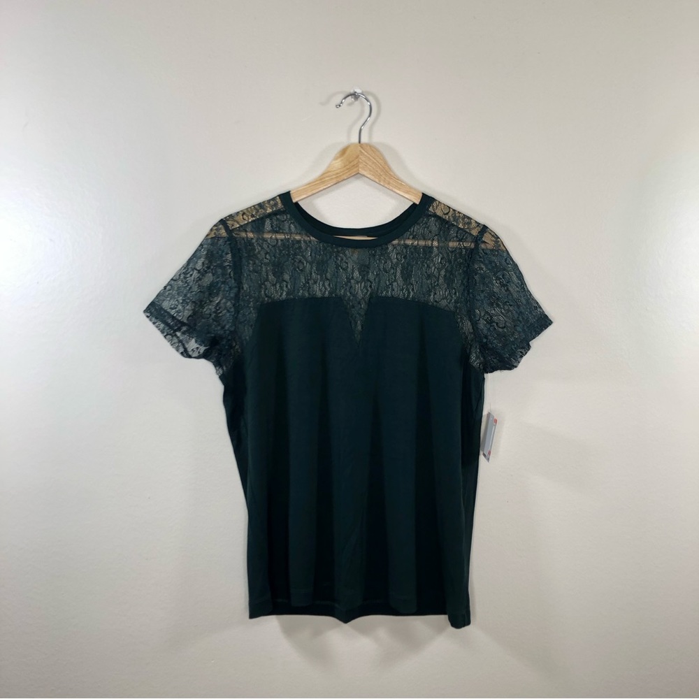 Anne Klein Black Lace Yoke Short Sleeve Top